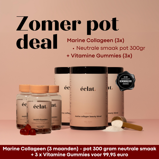 Zomer 2025 Pot Deal Neutraal Smaak Pot: Marine (Vis) Collageen Beauty Blend (pot - 300 gram - 30 doseringen - neutraal) 3x + Vitamine Gummies (3x)